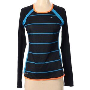 Nike Dri-Fit Shirt Womens Small -polyester-Black-Blue/Orange Stripes-L.Sleeve
